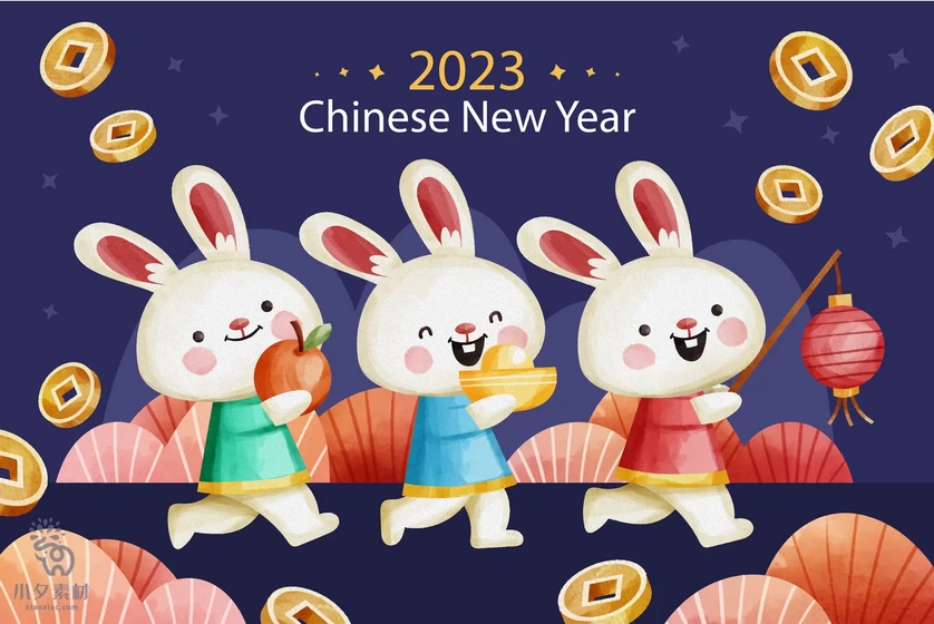 2023卡通可爱兔年新年喜庆元素插画图案海报背景AI矢量设计素材【005】